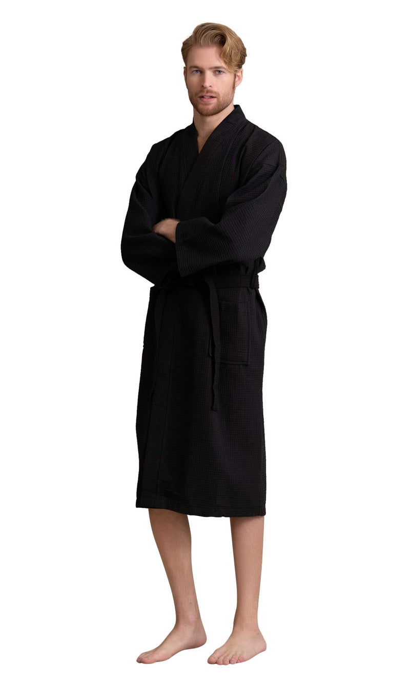 Soft Touch Linen Men's Cotton Waffle Bathrobe, Luxurious & Lightweight, Comfortable & Absorbent, Softness, Fast Dry, Adjustable wrap belt, Front 2 Pockets, Cozy Wear(Black-Medium) - Image 3